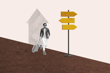 Composite art 3d creative image collage of happy man tourist carry suitcase arrow pointer turn find...