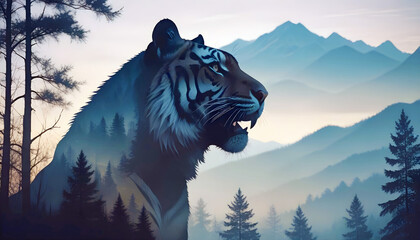 Tiger Double Exposure Animal Nature Wilderness Outdoors