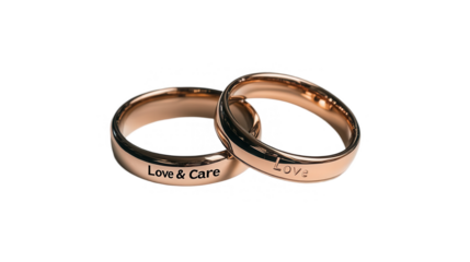 Parents Day PNG file featuring a pair of wedding rings with engraving "Love and Care," isolated on white background