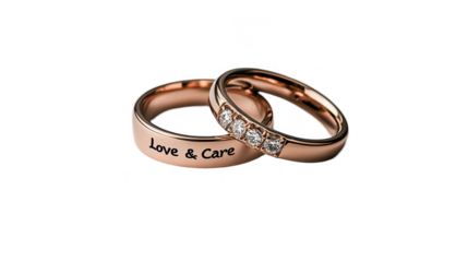 Parents Day PNG file featuring a pair of wedding rings with engraving "Love and Care," isolated on white background