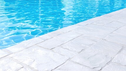 Poolside patio, summer, relaxation, clear water, background buildings