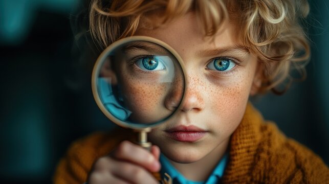 A close-up shot of a child observing an object through a magnifying lens.