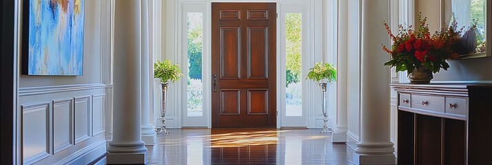 Elegant Home Entrance With Grand Wooden Door