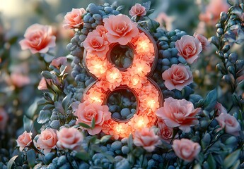 Glowing Number 8 Made of Flowers Surrounded by Pink Roses and Green Foliage