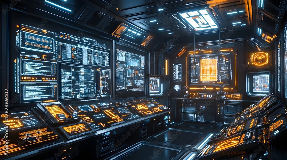 Poster futuristic control center with intricate displays and complex interfaces