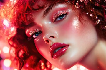 Fototapeta premium A beauty shot featuring a woman with a full - color eyeshadow look in red, pink, and gold tones