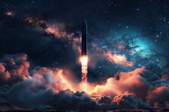 A rocket taking off with fiery exhaust trails, surrounded by billowing smoke under a starry night sky.