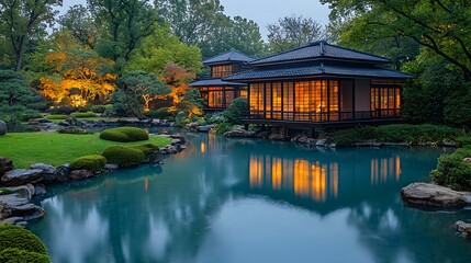 Fototapeta premium Serene Japanese Garden Pond Reflecting Moonlit Sky at Twilight