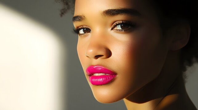 Woman with pink lips, half-shadowed face, soft light; elegance in simplicity