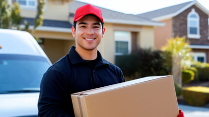 Handsome smiling delivery man in uniform  holding cardboard box from delivery van. Moving and delivery concept.