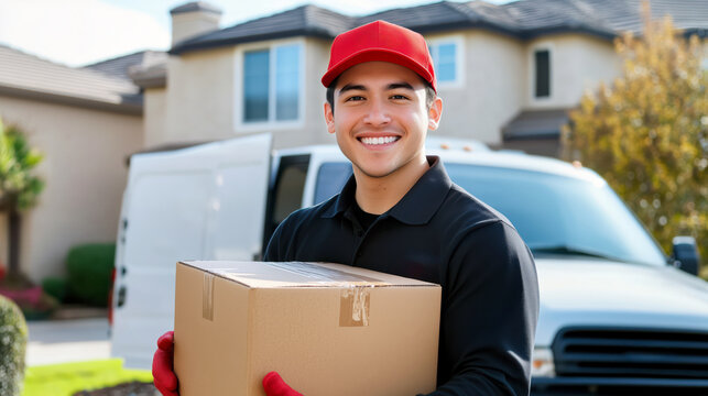 Handsome smiling delivery man in uniform  holding cardboard box from delivery van. Moving and delivery concept.