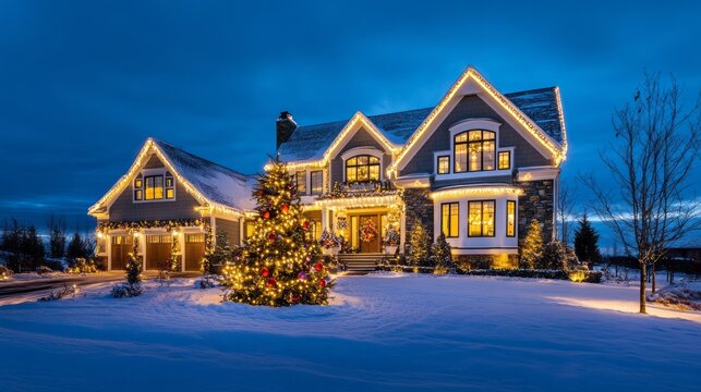 Decorated house illuminates a snowy landscape during the christmas season