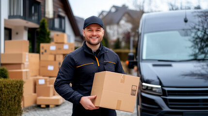 Handsome smiling delivery man in uniform  holding cardboard box from delivery van. Moving and delivery concept.