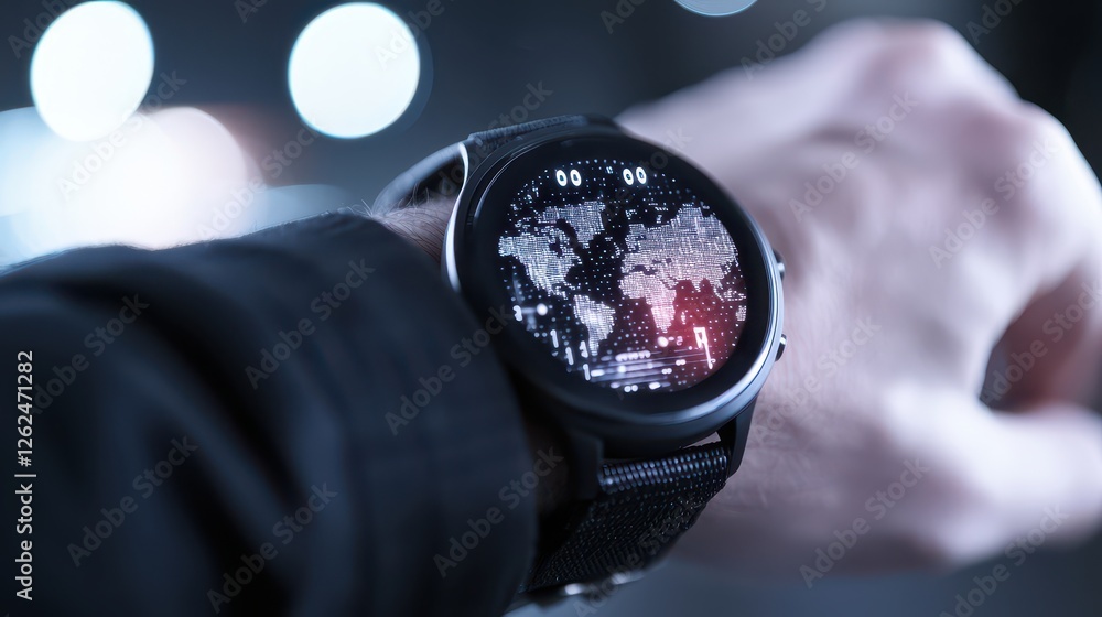 Poster modern smartwatch displaying digital world map design