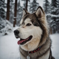 A fluffy Alaskan Malamute with its tongue out.