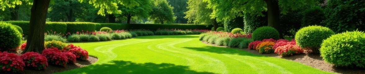 Obraz premium Curving pathways, colorful flowerbeds, neatly trimmed lawn , vibrant, scene, shape
