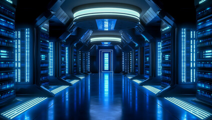 Wide-Angle View of an Advanced Data Center with Rows of Server Racks