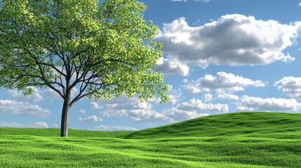 Fototapeta premium Springtime tree on grassy hills under a partly cloudy sky