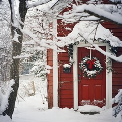 Red house with snow and wreath on the door