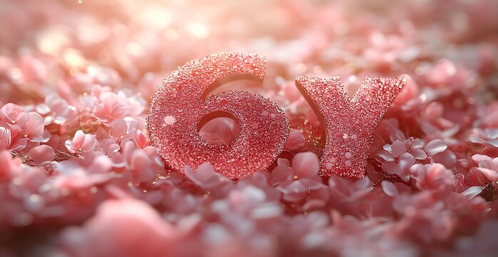  Glittering Pink 6Y Letters Nestled in Cherry Blossom Petals Illuminated by Soft Warm Light