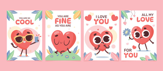 Cartoon hearts cards set in flat style