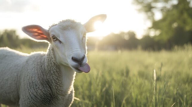 Sheep playfully sticking out its tongue, a moment of lighthearted charm