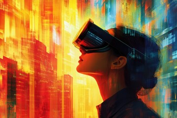 A woman wearing a VR headset, gazing at a vibrant, abstract cityscape, experiencing immersive...