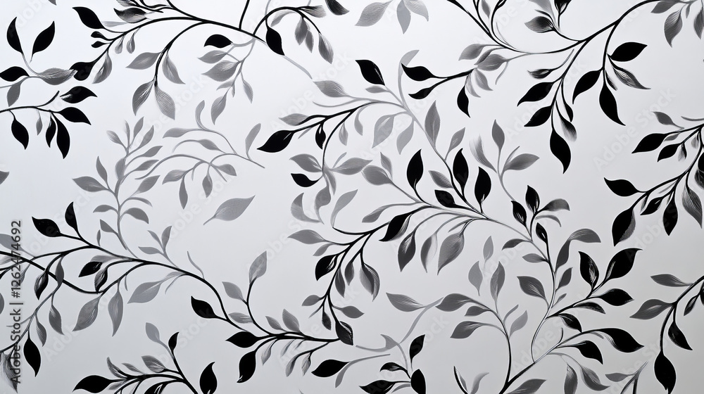 Poster simple black and white swirling foliate design with a larger repeat pattern in grey behind on a whit