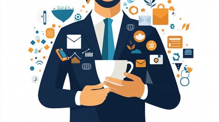 Professional Man Holding Coffee and Tech Icons for Digital Innovation