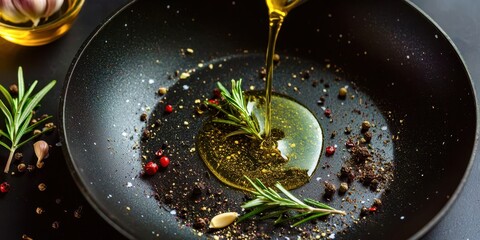 Black pan with oil and herbs in it