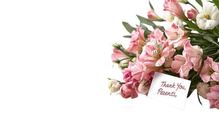 Parents Day PNG file of a bouquet with a card saying Thank You Parents, isolated on white background