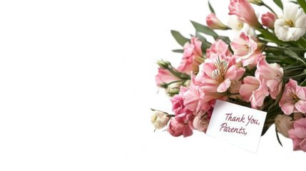 Parents Day PNG file of a bouquet with a card saying Thank You Parents, isolated on white background