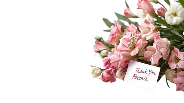 Parents Day PNG file of a bouquet with a card saying Thank You Parents, isolated on white background