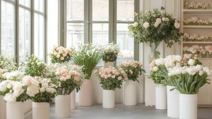 Naklejka premium Bright floral bouquet arrangements of roses and tulips on display in a charming flower shop with large windows