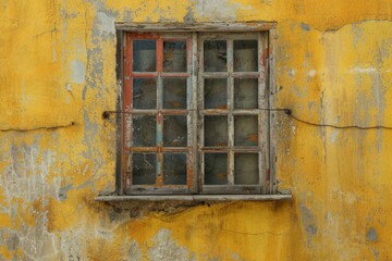 Obraz premium Yellow concrete wall with old wooden window in european city. Detailed photo textured background