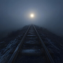 An abandoned train track disappearing into the fog, creating a haunting atmosphere.