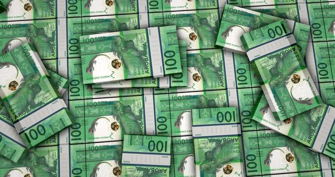 Aruba money Aruban florin banknotes 3d animation. 100 AWG packs concept of inflation, economy, crisis, business, banking, debt and finance.