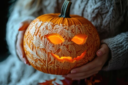 Intricately carved Halloween pumpkin with leaf design, glowing from within, held gently in hands.