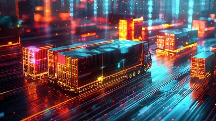 Obraz premium Autonomous truck carrying container on glowing digital highway in futuristic cityscape, symbolizing innovation in logistics and transportation