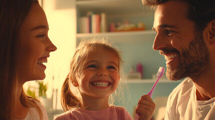 Family shares a joyful interaction as a child holds a toothbrush, learning good dental hygiene habits and dental care. National Dentist Day. Greeting for the dentist