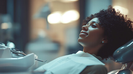 Relaxed young african american woman at dental appointment enjoying the experience in a modern clinic setting. National Dentist Day. Greeting for the dentist. With copy space