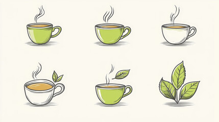 Collection of green or organic tea icons with vector doodle sketches in shades of green of steaming cups of tea each incorporating a leaf into the design for bio or eco concepts