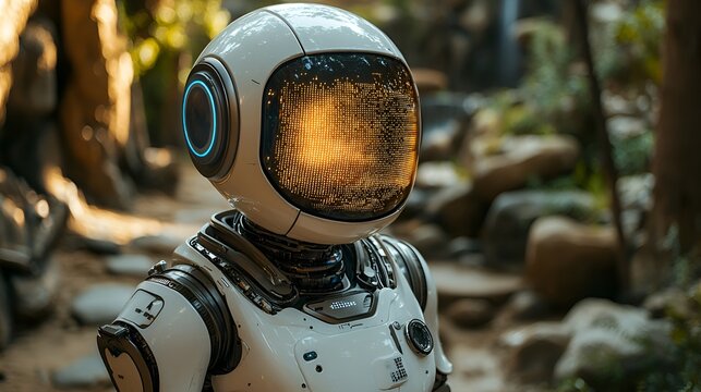 Futuristic robot in nature setting. Exploring the wilderness. Possible use Stock photo for science fiction, technology, or adventure themes