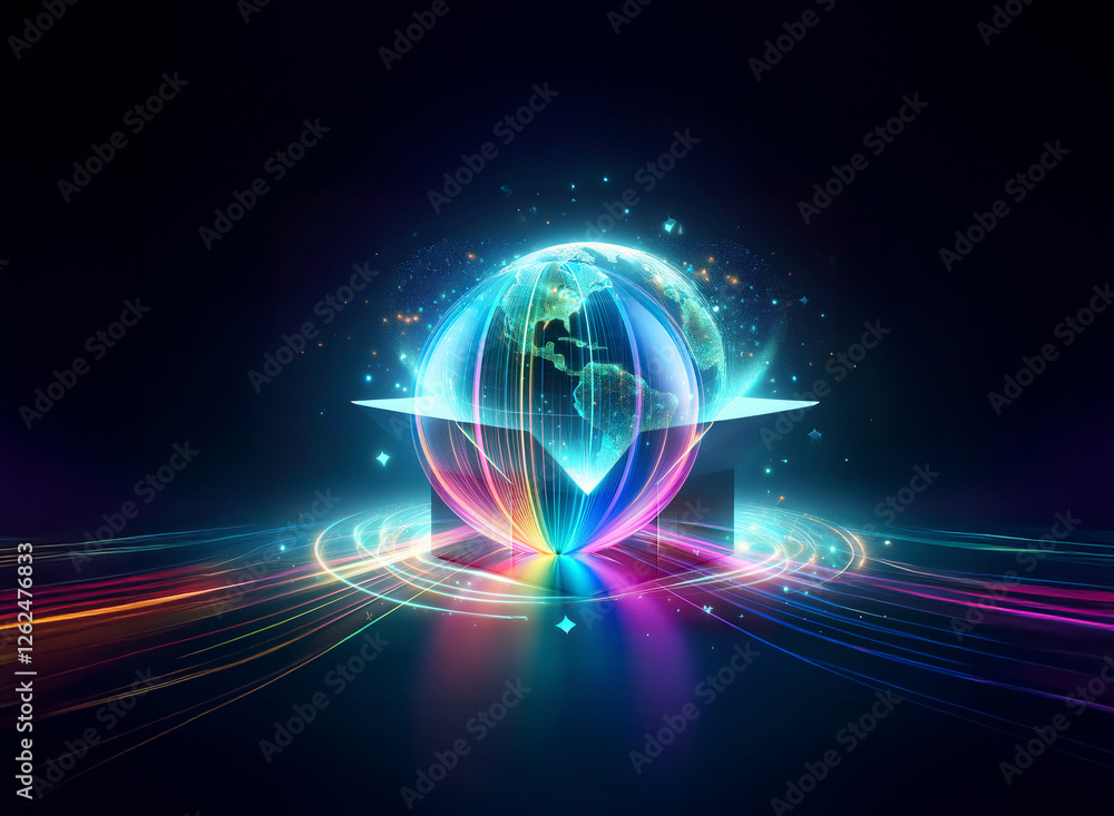 Poster a vibrant globe emits radiant light, displaying continents over a dark backdrop. colorful beams eman