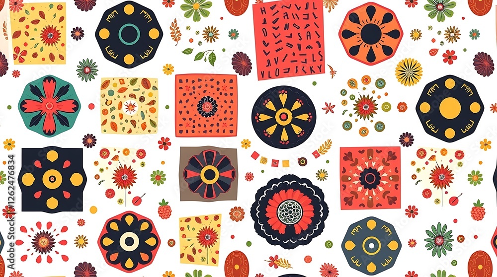 Poster geometric floral pattern: a vibrant, symmetrical pattern showcasing an array of stylized flowers, ea