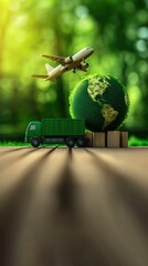 Green planet Earth with a truck and plane on wooden blocks in front of a blurred green forest background, symbolizing eco packaging, environmentally conscious delivery
