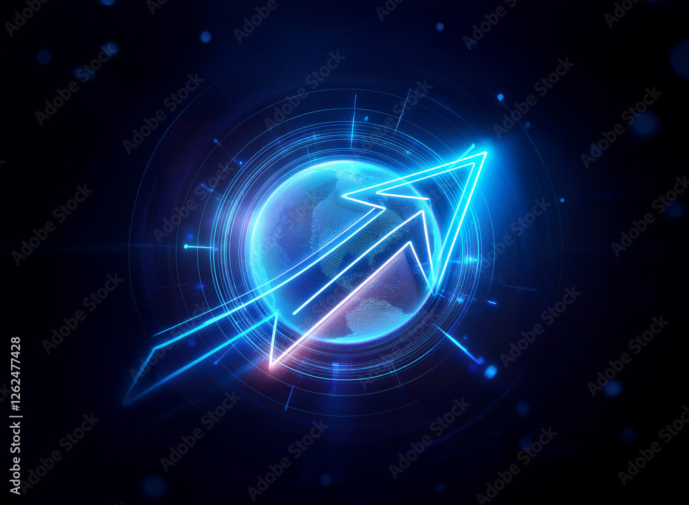 Aufkleber glowing neon arrow points upward over a stylized globe against a dark backdrop with bokeh lights. th