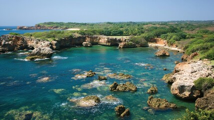 Obraz premium Coastal bay view, rocky cliffs, turquoise water, lush vegetation