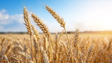 Fototapeta premium Golden Wheat Field Under Bright Blue Sky and Warm Sunlight