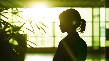 Businesswoman in office lobby, soft light, modern backdrop, conveying professionalism and focus
